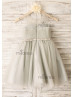 Gray Pleated Tulle Flower Girl Dress With Beaded Belt